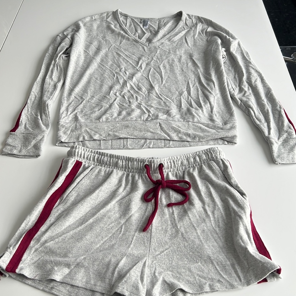 Miiyu gray  pajama short set with burgundy detail